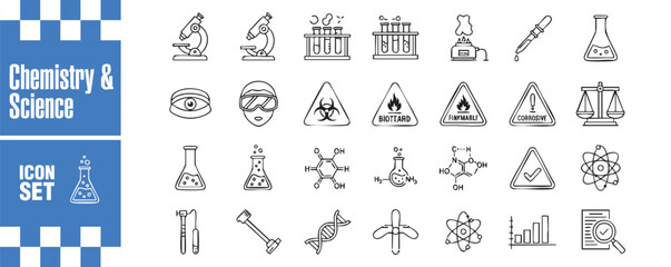 Chemistry and science icon set collection of linear vector illustrations depicting laboratory equipment, chemical formulas, and safety signs for scientific research