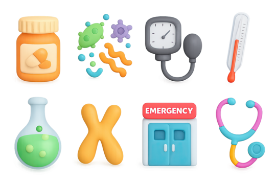 Medical and science icons set in 3d style featuring lab equipment and health…