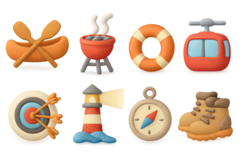Adventurous camping icons with soft 3d clay texture for outdoor activities