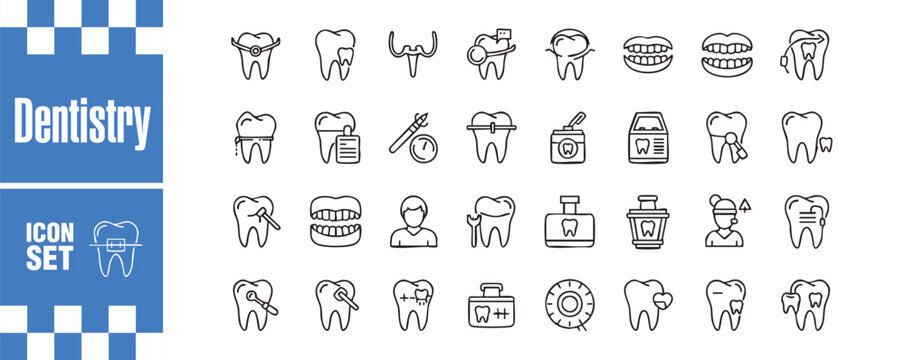 Dentistry icon set a comprehensive collection of dental care symbols, including teeth, tools, and hygiene products ideal for dental clinics