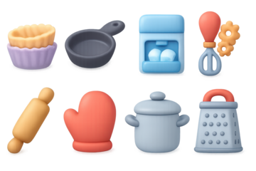Colorful kitchen utensils icons in 3d style for cooking and baking graphics