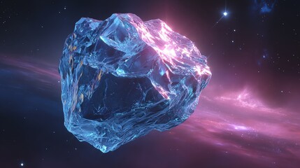 fantasy cosmic scene of a giant crystal asteroid floating in nebula, glowing facets reflecting pink and blue starlight, sci-fi digital art