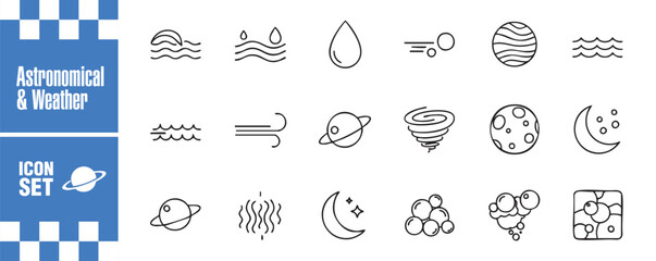 Astronomical and weather icon set collection of vector symbols representing various weather conditions and celestial objects, perfect for design