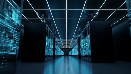 Server room with glowing lights and circuit board reflections. - Powered by Adobe