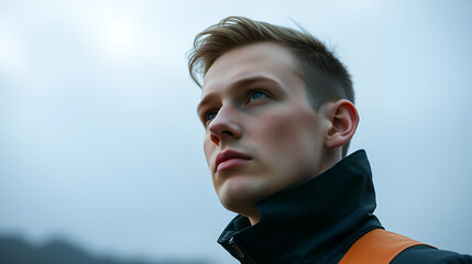 A young man with a futuristic look gazes into the distance