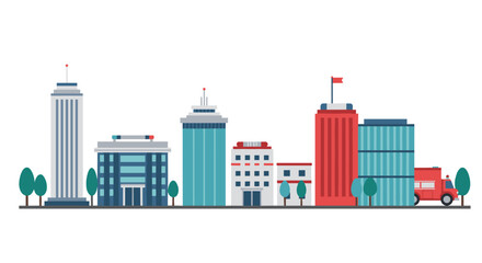 Obraz premium Minimalist urban skyline with colorful buildings and trees