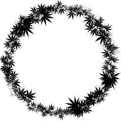 Stylized Cannabis Leaf in a Round Monochrome Frame: Decorative Border Element