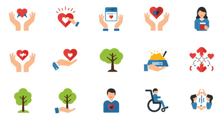 Fototapeta premium Heartfelt icons for charity and support with trees and hands in flat style