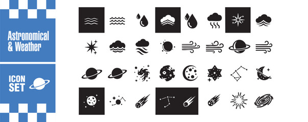 Astronomical and weather icon set collection of vector symbols representing various weather conditions and celestial objects, perfect for web design