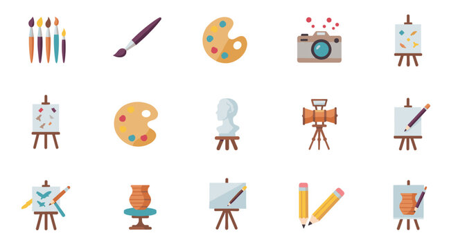 Artistic tools and creative equipment set in flat style for artists and designers