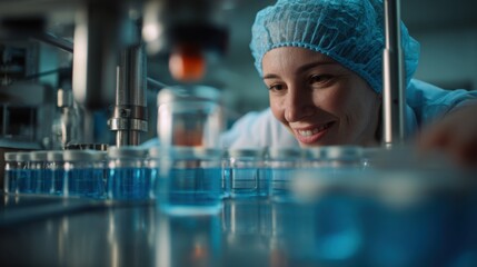 A young Caucasian woman with brown hair and a blue cap smiles while examining blue liquid samples in a laboratory setting. The scene highlights scientific research.