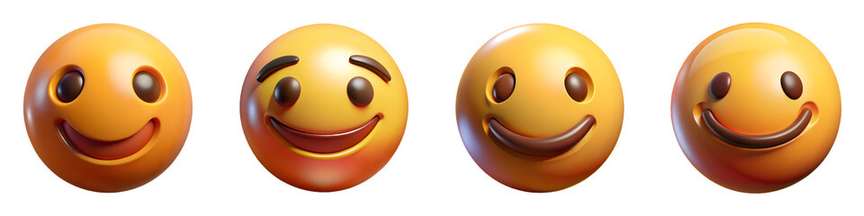 Fototapeta premium Four smiling yellow emoji faces isolated on transparent background shown