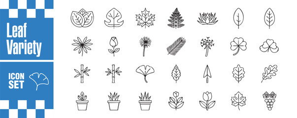 Diverse leaf and flower icon collection, showcasing various botanical elements, perfect for natureinspired designs and educational resources