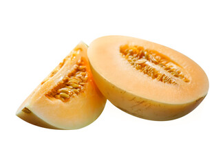 Ripe cantaloupe halves placed on a white background.