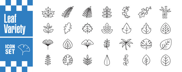 A comprehensive set of leaf icons, featuring a wide range of species and styles, ideal for naturethemed projects and botanical illustrations
