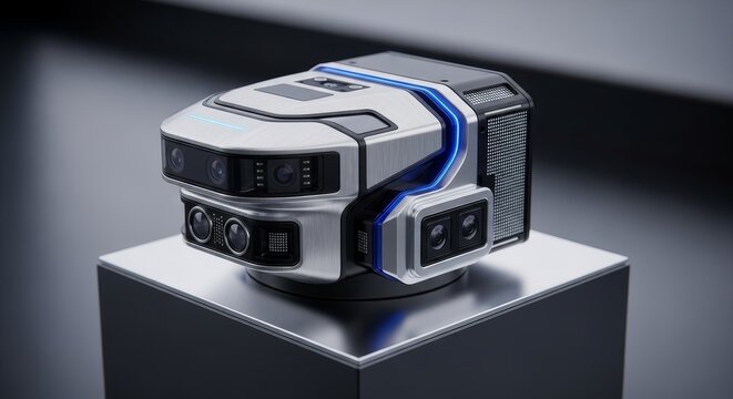 A futuristic multicamera device rests atop a metallic pedestal featuring brushed silver casing and blue neon accents