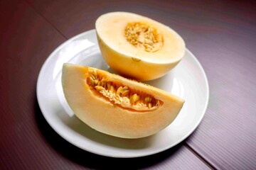 Ripe cantaloupe halves placed on a white plate.