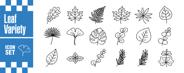 A diverse collection of leaf icons, showcasing various shapes and forms, this set includes oak, maple, fern, and ginkgo leaves, perfect for botanical designs
