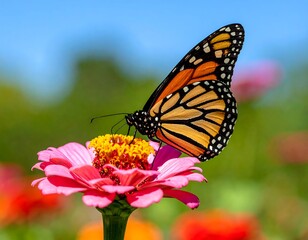 Fototapeta premium Monarch butterfly on a pink zinnia flower