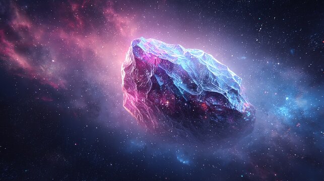 fantasy cosmic scene of a giant crystal asteroid floating in nebula, glowing facets reflecting pink and blue starlight, sci-fi digital art