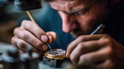 A focused man repairs a vintage watch. He has short brown hair and a beard. Tools and watch parts are visible on the workbench.