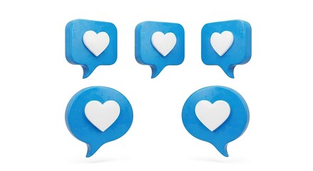 Five blue speech bubbles with heart icons isolated on white background