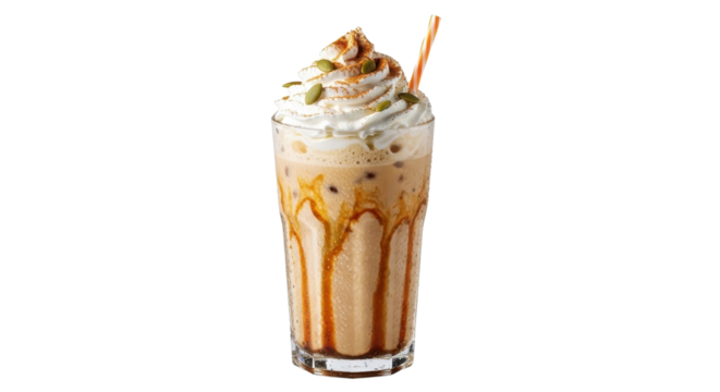 Iced coffee drink with caramel drizzle and whipped cream isolated PNG with Transparent Background