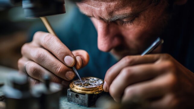 A focused man repairs a vintage watch. He has short brown hair and a beard. Tools and watch parts are visible on the workbench. - Powered by Adobe