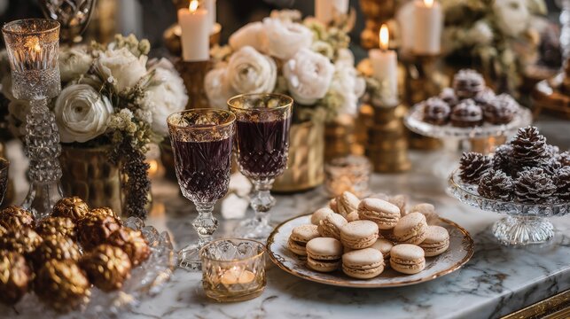 Elegant dessert table with macarons and crystal glasses - Powered by Adobe