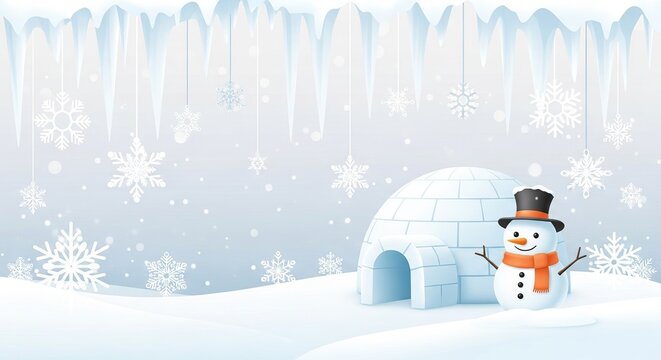 Cute snowman and igloo in winter landscape with snowflakes
