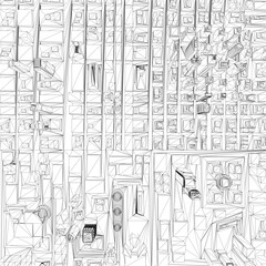 Black and white wireframe city building with intricate architectural design composed of geometric shapes and numerous windows. Top view