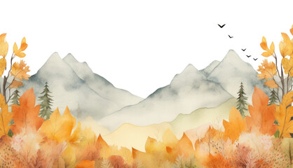 PNG Watercolor autumn mountain border vegetation landscape outdoors.