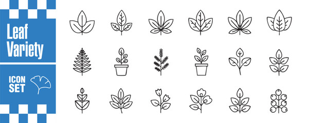 Leaf variety icon set collection of various leaf shapes and styles, perfect for naturethemed designs, botanical illustrations, and ecofriendly projects