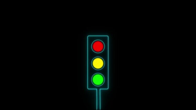 Emergency  traffic lights signal. neon frame 3 lights red, green, and yellow color. traffic light rays.