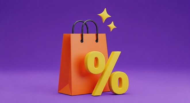 Shopping bag with discount symbol and stars on purple background - Powered by Adobe