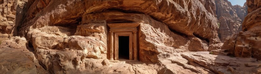 Opened door on desert for unknown start concept. Ancient rock-cut architecture nestled in a rugged mountainous landscape.