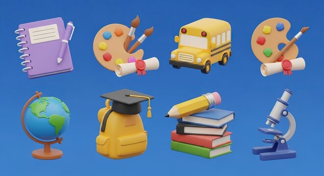 Colorful backtoschool icons and supplies collection