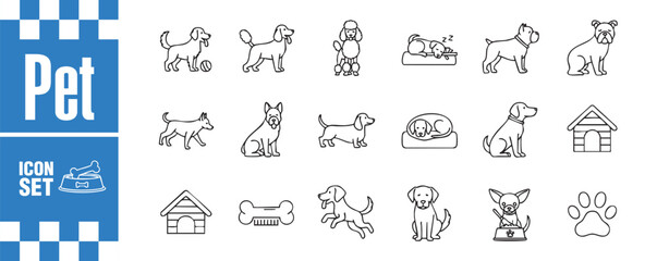 Dog breed icon set featuring a variety of popular breeds in simple line art style, including poodle, dachshund, german shepherd, and more