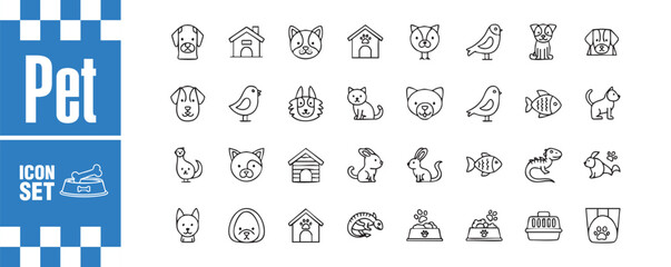 Pet icon set featuring a variety of animals and their accessories, including dogs, cats, birds, fish, rabbits, and more in a simple line art style