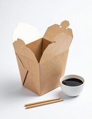Empty brown cardboard takeout container, partially opened, alongside a small white bowl of dark sauce and a pair of wooden chopsticks on a white background