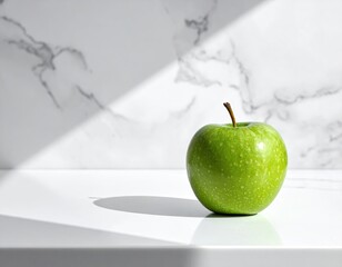 A single, vibrant green apple rests on a pristine white surface, subtly illuminated by diagonal sunlight casting a shadow against a marble backdrop