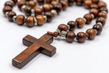 Vintage Wooden Rosary Beads with Cross Symbol, Isolated on White Background for Spiritual Reflection and Prayer