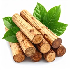 A small stack of light-brown, cylindrical wood logs rests on vibrant green leaves against a stark white background.  The wood shows natural grain and subtle color variations