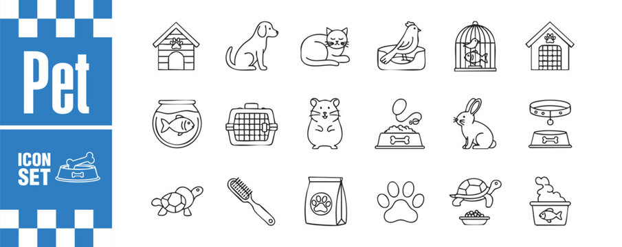 Pet icon set collection of linear icons related to pets vector illustration of animals, food, toys, and accessories for pets perfect for web design