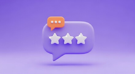 Speech bubble with three stars and chat icon in purple background