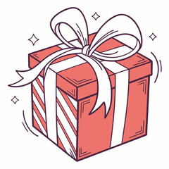 A festive coral gift box with a white ribbon and bow adorned with sparkling stars and celebratory motion lines