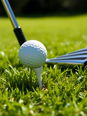 Golf ball on tee, lush green grass, sunlight, poised club, close-up, crisp and detailed