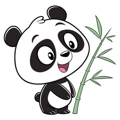 Adorable cartoon baby panda bear smiling and holding onto a green bamboo stalk