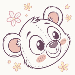 Adorable cartoon teddy bear face with blush cheeks and cute flowers in pastel colors