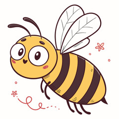 Cute cartoon bee with big eyes and wings flying happily with small flowers and dots